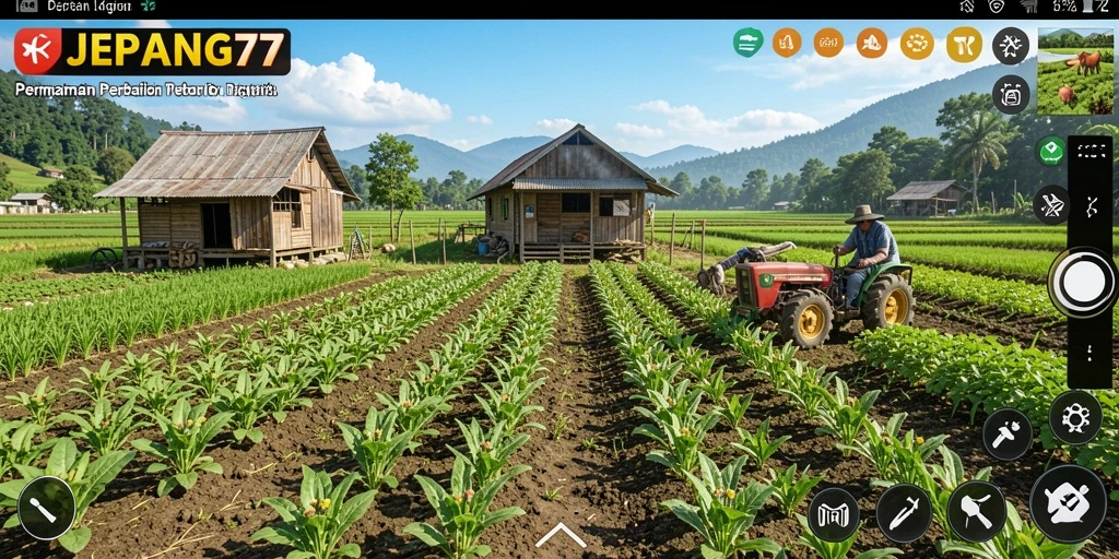 Screenshot gameplay JEPANG77 menampilkan petani yang sedang menanam padi di lahan pertanian.
