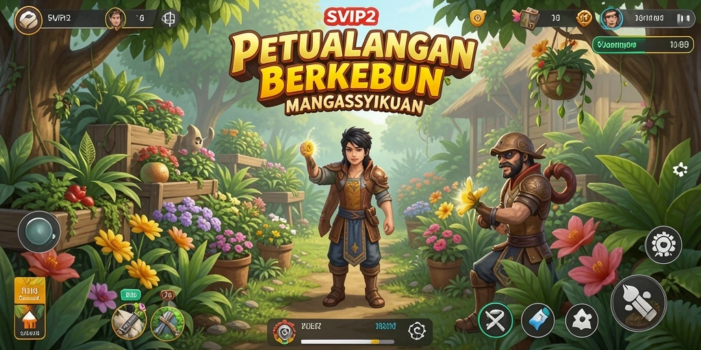 Tampilan gameplay SVIP2 yang menarik dengan kebun yang rapi dan tanaman beragam.